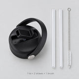 One black replacement lid, two clear straws and one cleaning brush.