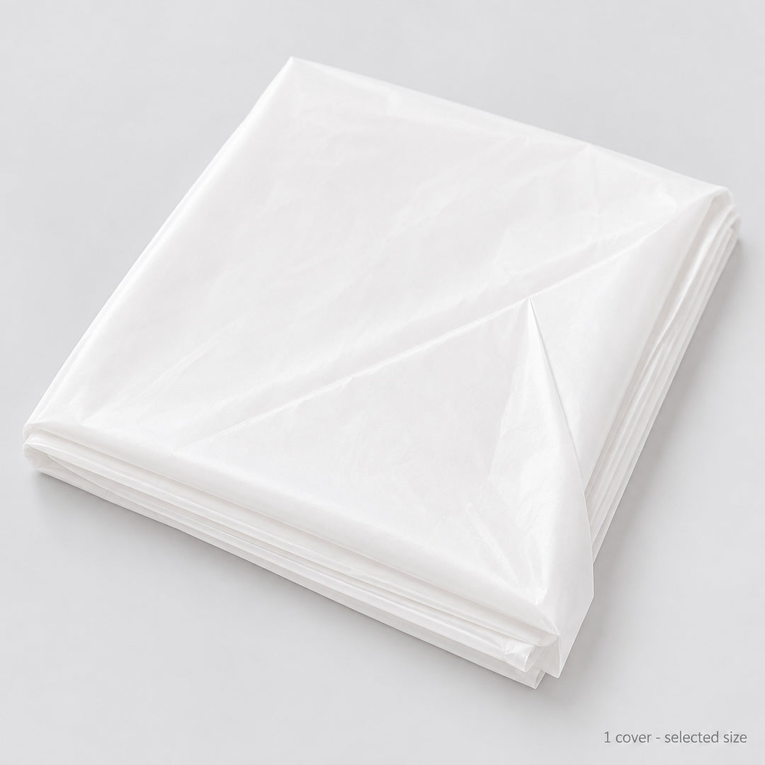 One folded white plastic table cover in selected size.