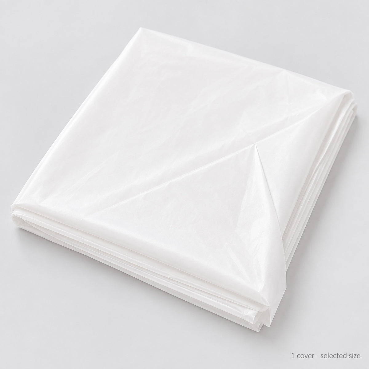 One folded white plastic table cover in selected size.