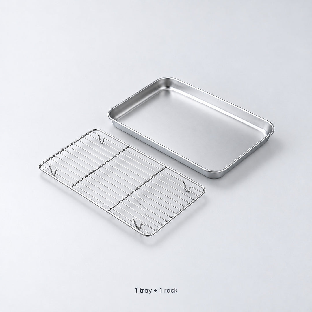 One baking tray and one matching removable wire rack; exact set contents.