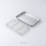 One baking tray and one matching removable wire rack; exact set contents.