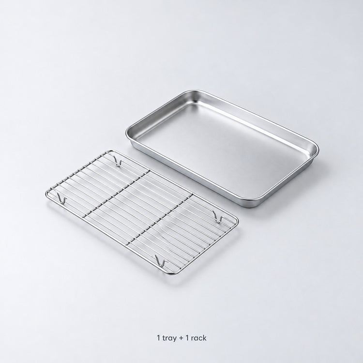 One baking tray and one matching removable wire rack; exact set contents.