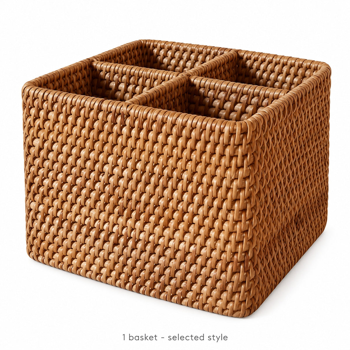 One empty square wicker basket; selected style only, accessories not included.