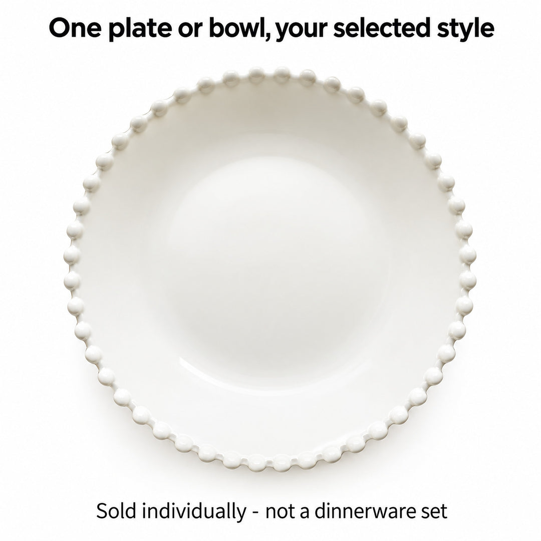 One white ceramic plate or bowl in the selected style; sold individually, not a set.