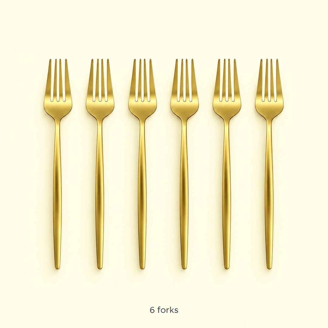 Six matching gold dinner forks; forks-only set contents.