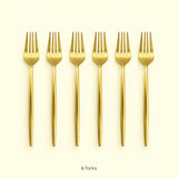 Six matching gold dinner forks; forks-only set contents.