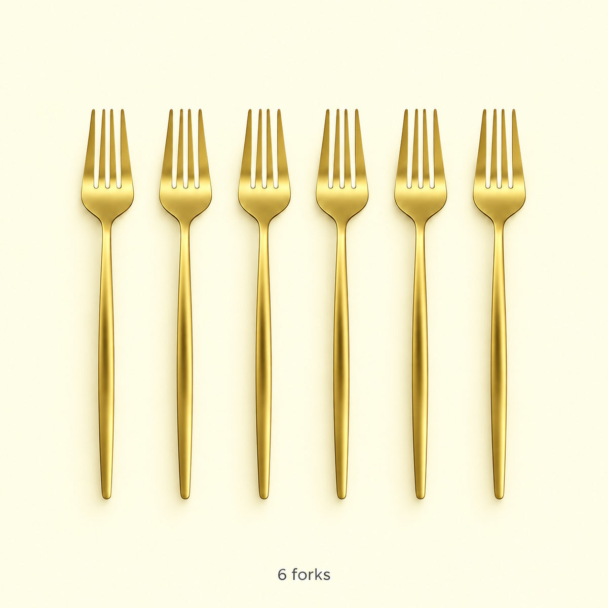 Six matching gold dinner forks; forks-only set contents.