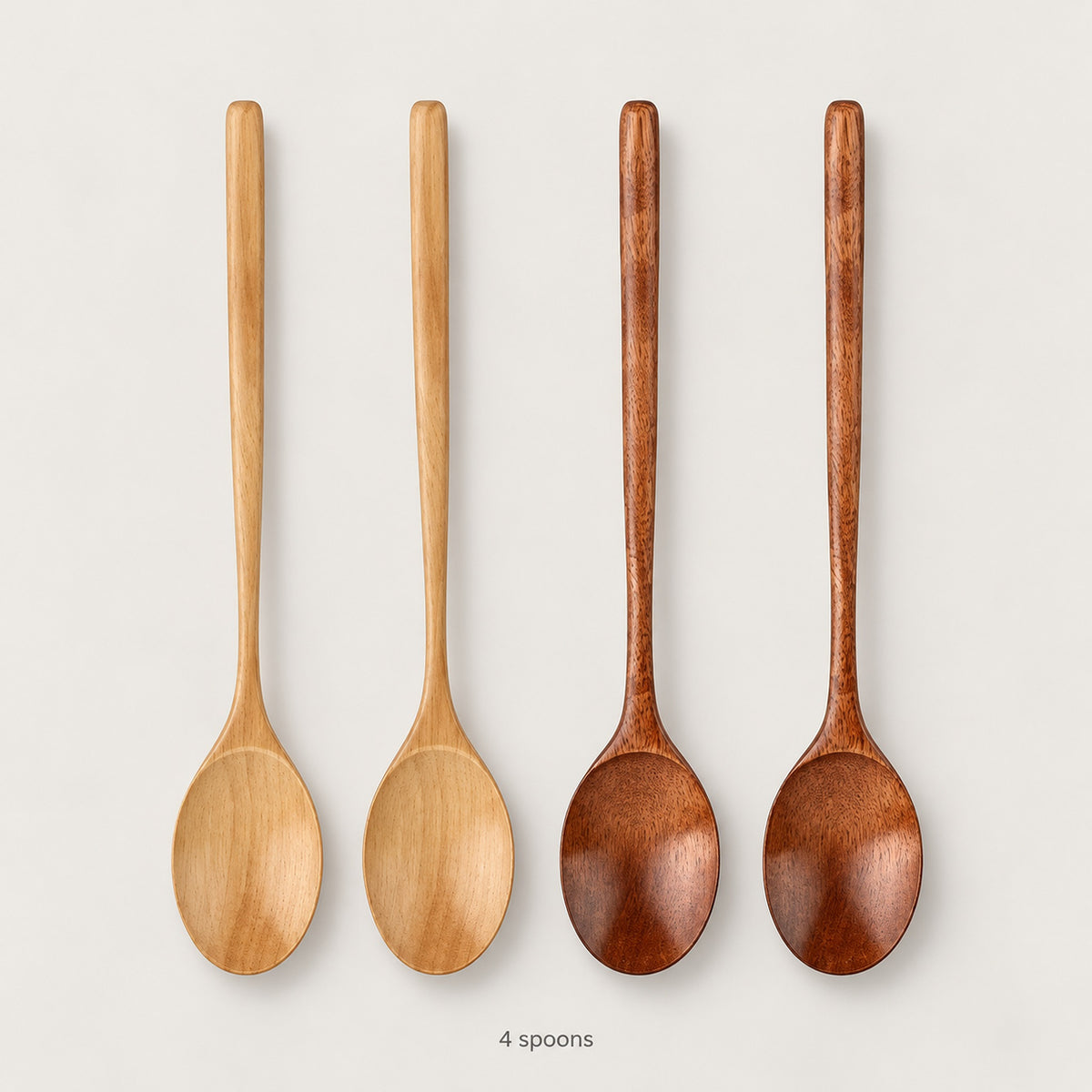 Mixed four-piece set with two Brown and two Camel wood spoons.