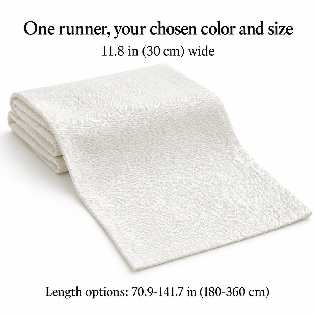 One cotton runner in your selected color and length, 30 cm wide; tableware not included.