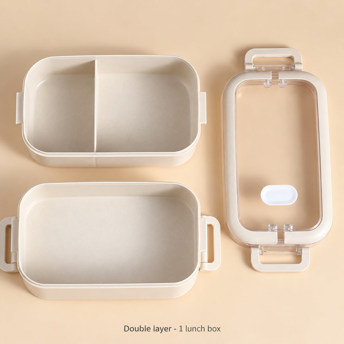 One beige double-layer lunchbox: two containers and one clear lid.
