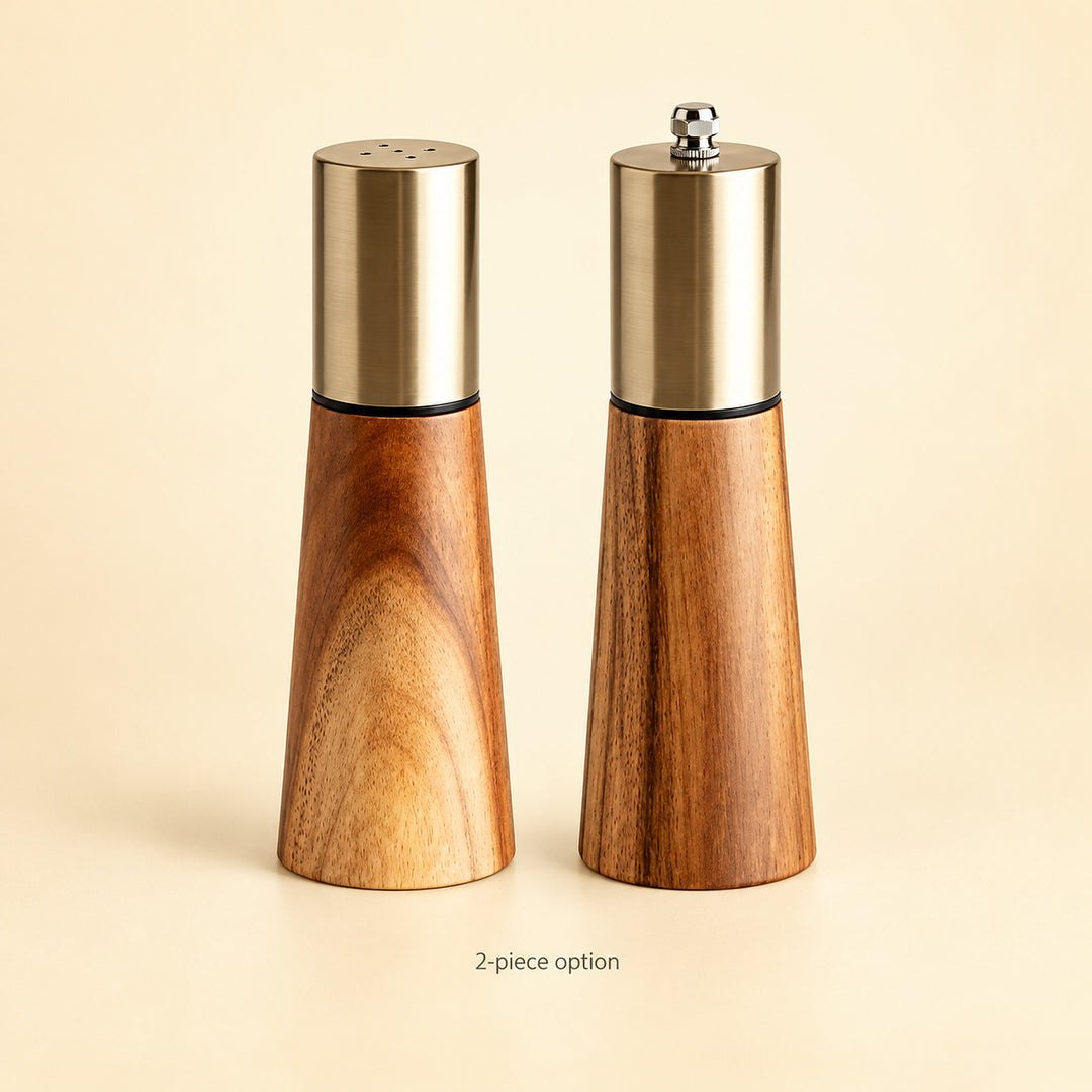 Two-piece option: one salt shaker and one adjustable pepper grinder, with no extra accessories.