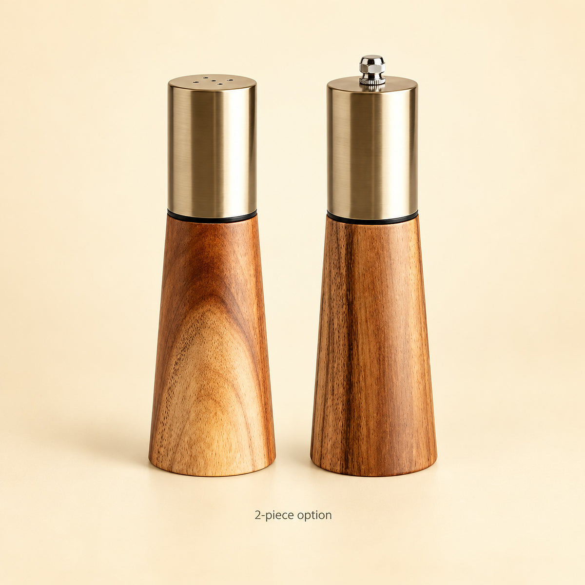 Two-piece option: one salt shaker and one adjustable pepper grinder, with no extra accessories.