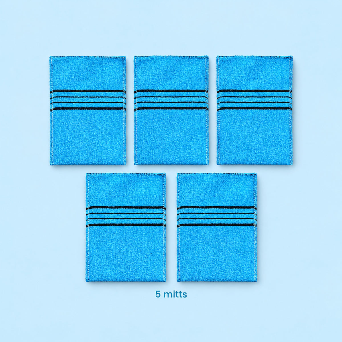 Five blue polyester-cotton exfoliating mitts; one complete same-color set.