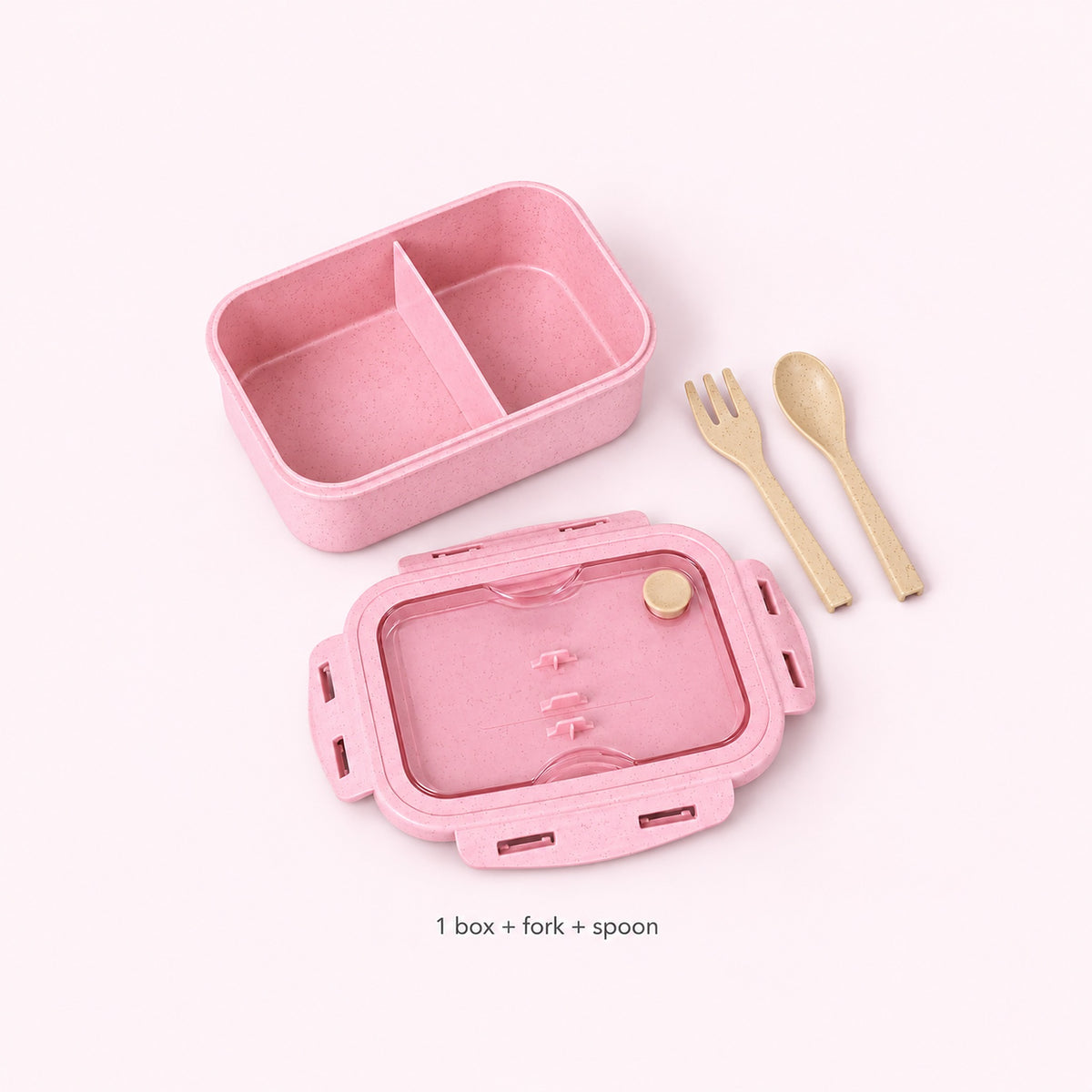 Pink lunch box with complete lid, one fork and one spoon.