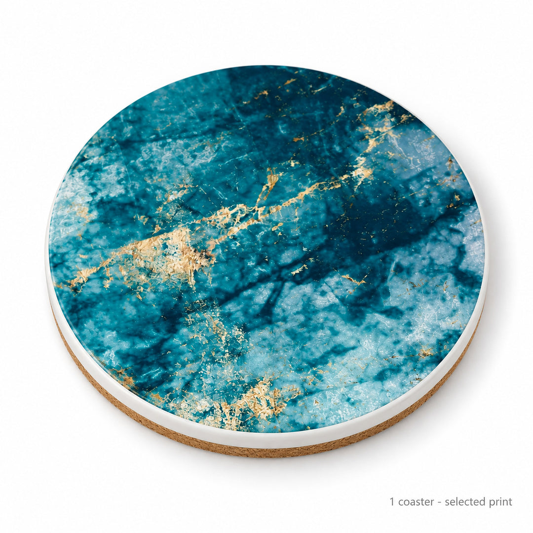 One teal and gold printed ceramic coaster; selected print sold individually.