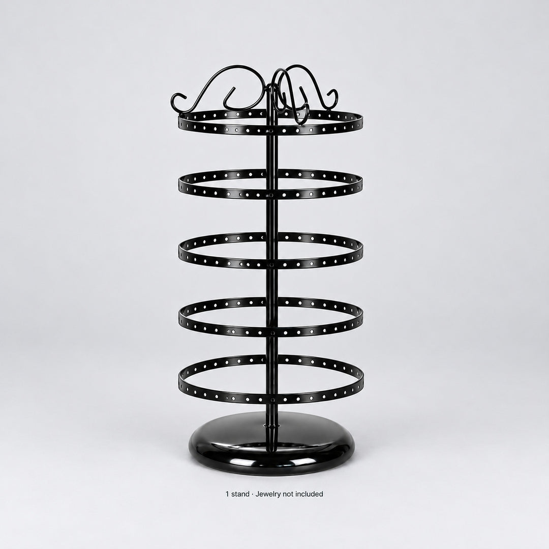 One empty black five-tier round-base jewelry stand; jewelry not included.