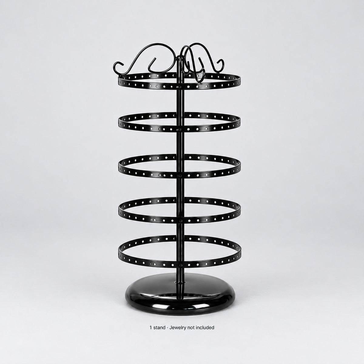 One empty black five-tier round-base jewelry stand; jewelry not included.