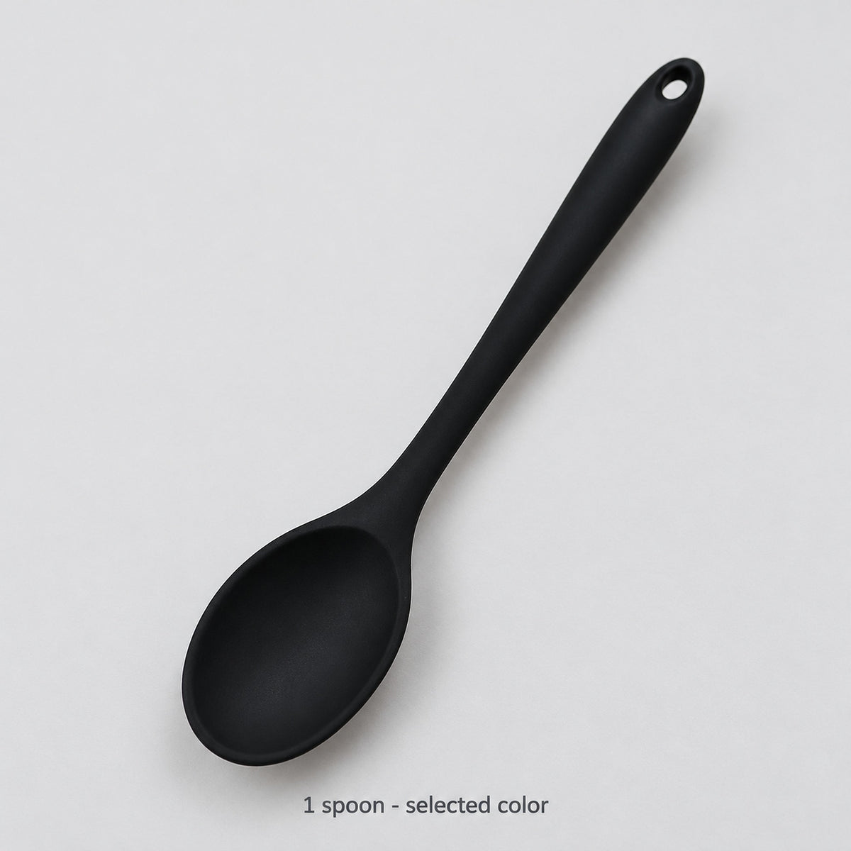 One black medium silicone spoon, selected color sold individually.