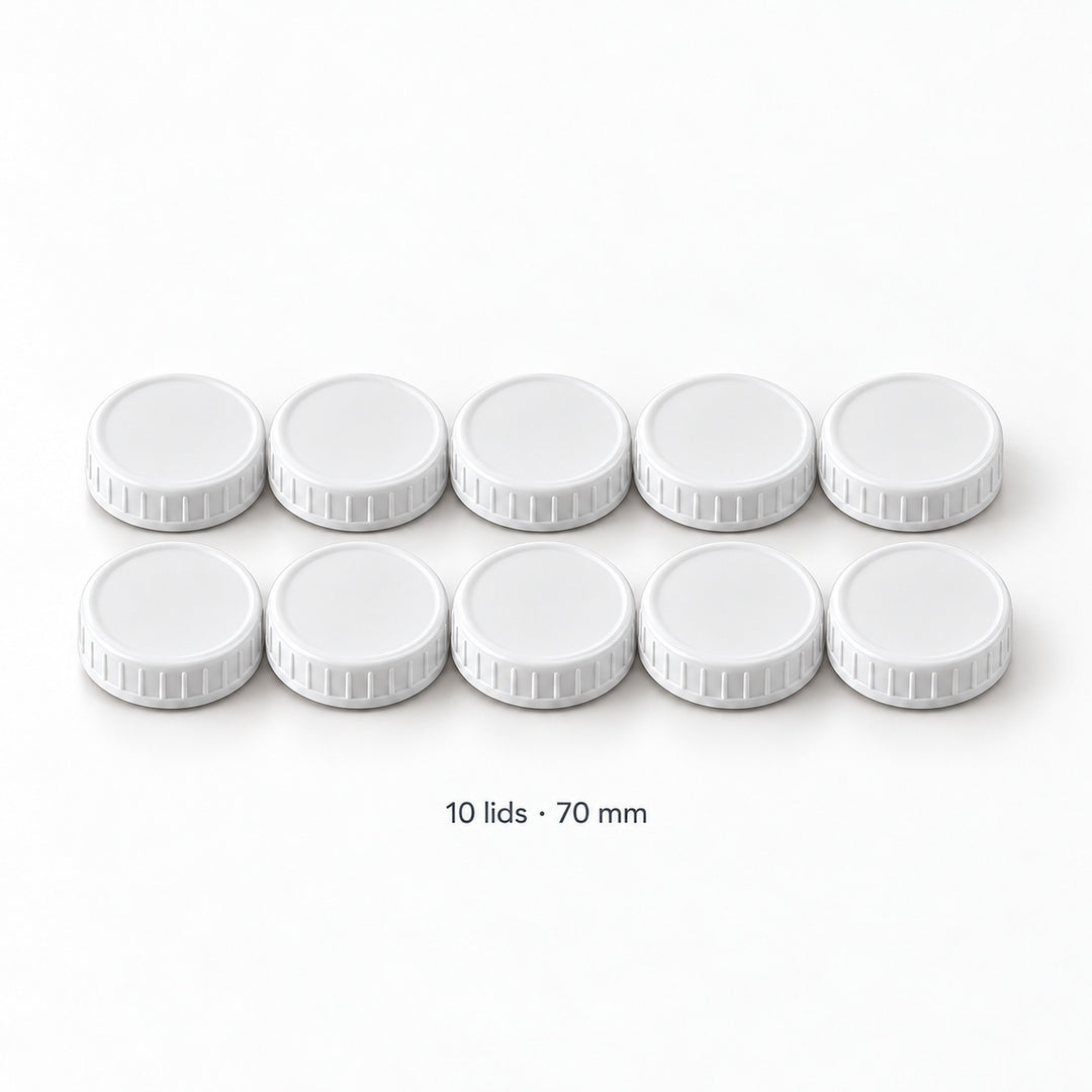 Ten white 70 mm lids; lids-only contents with no jars.