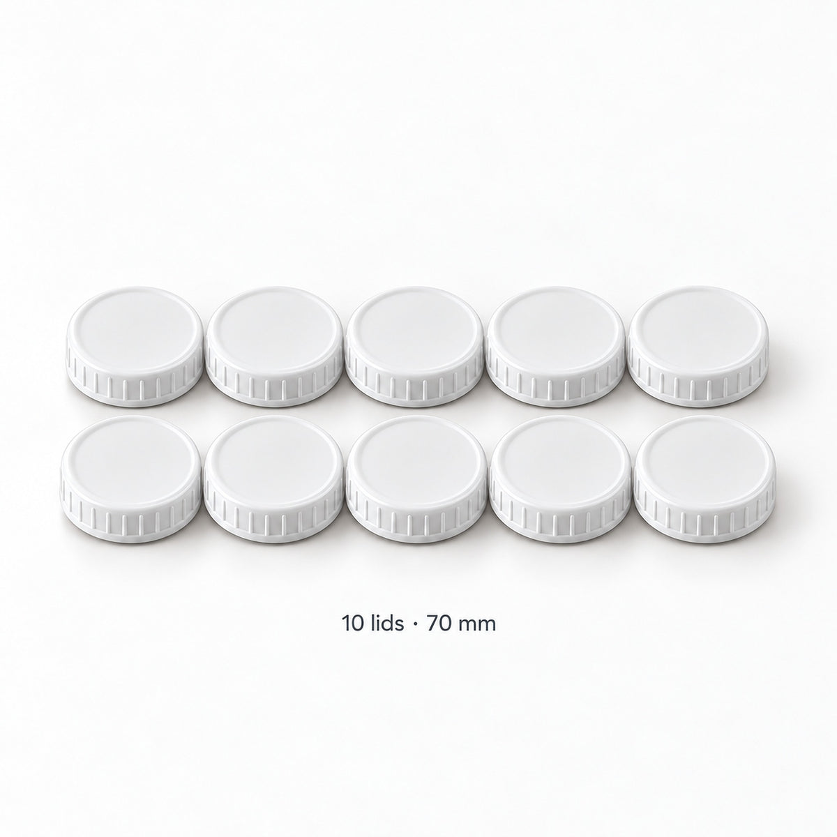 Ten white 70 mm lids; lids-only contents with no jars.