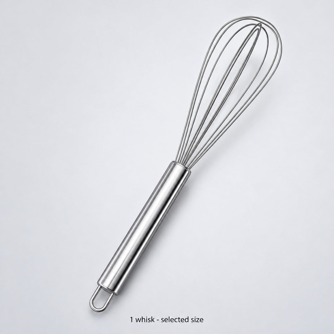 One stainless steel whisk in the selected size.
