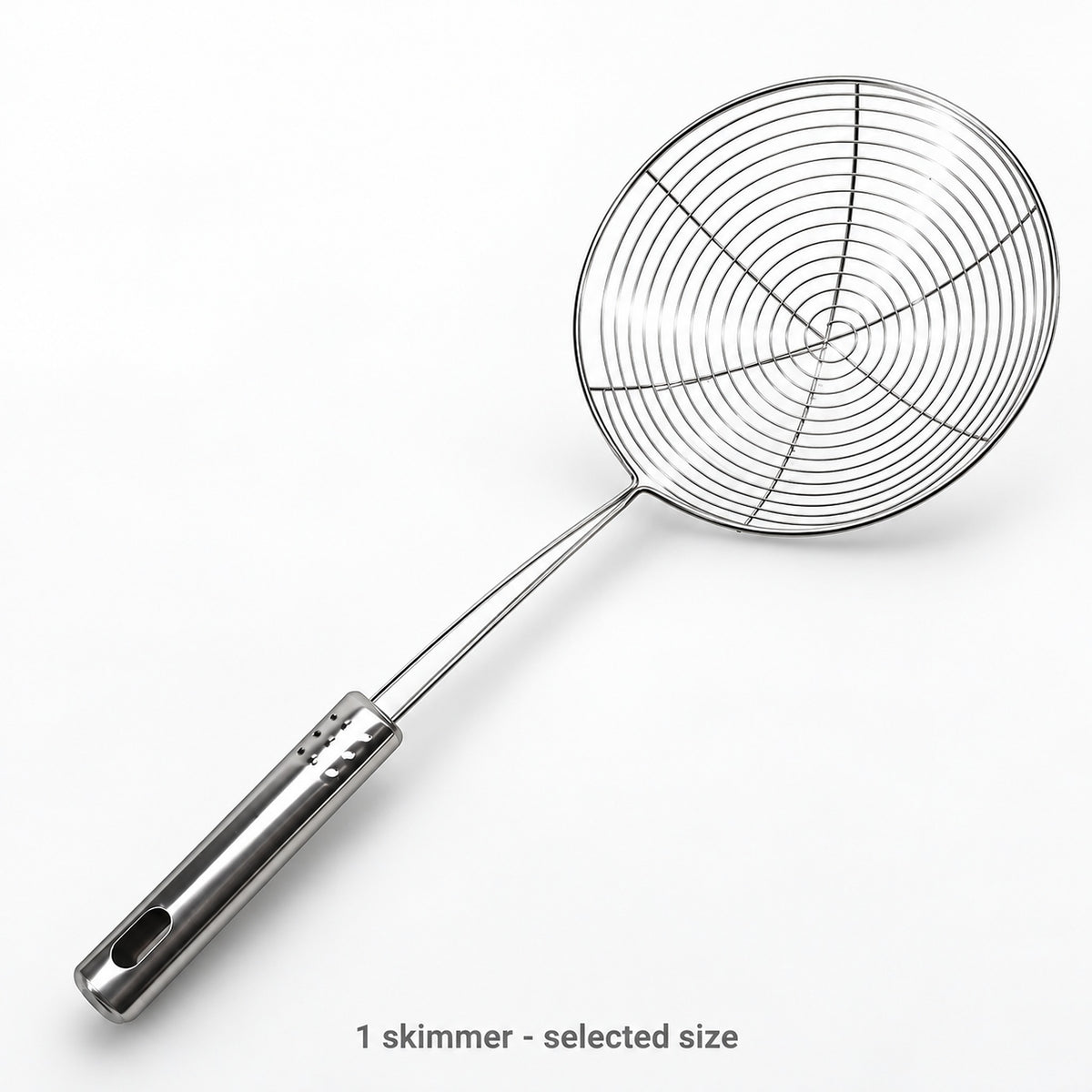 One stainless steel skimmer in the selected size.