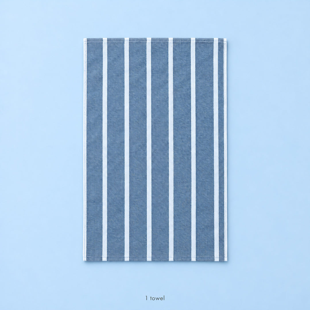 One unfolded blue-striped cotton towel; single-piece contents.