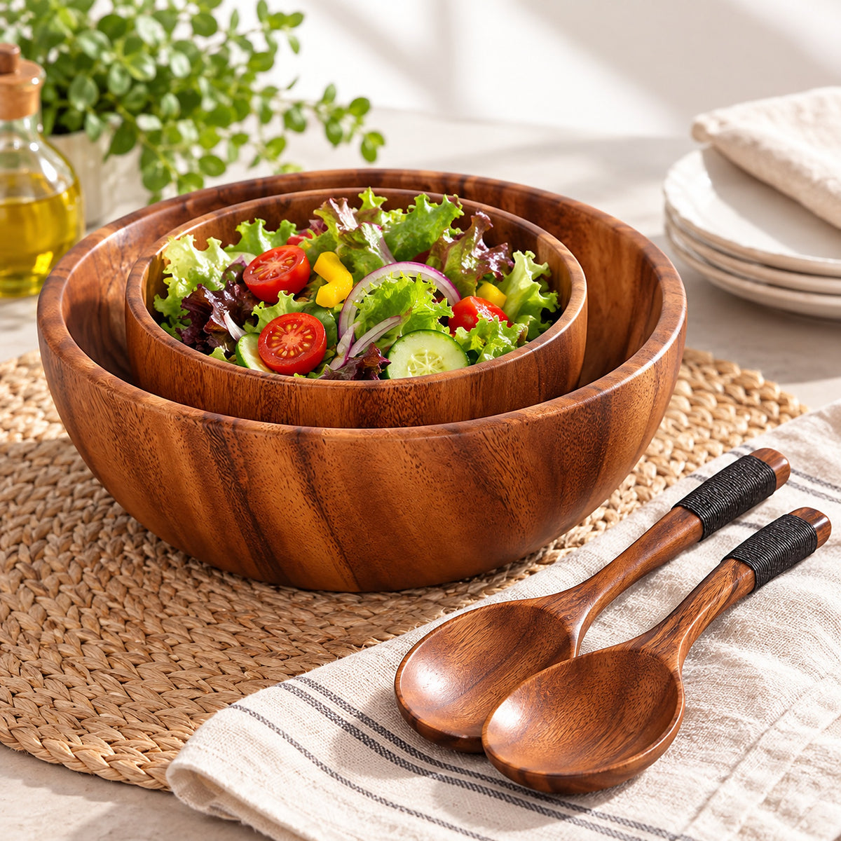 Acacia wood salad bowl styled for serving salad or fruit