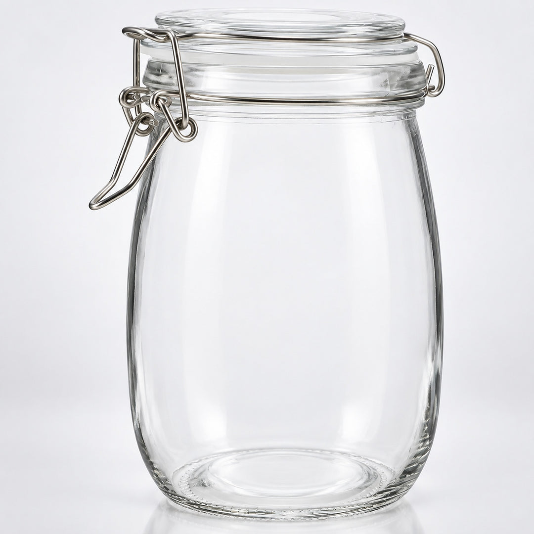 Clear glass jar with a metal clamp lid, shown on a clean white background.