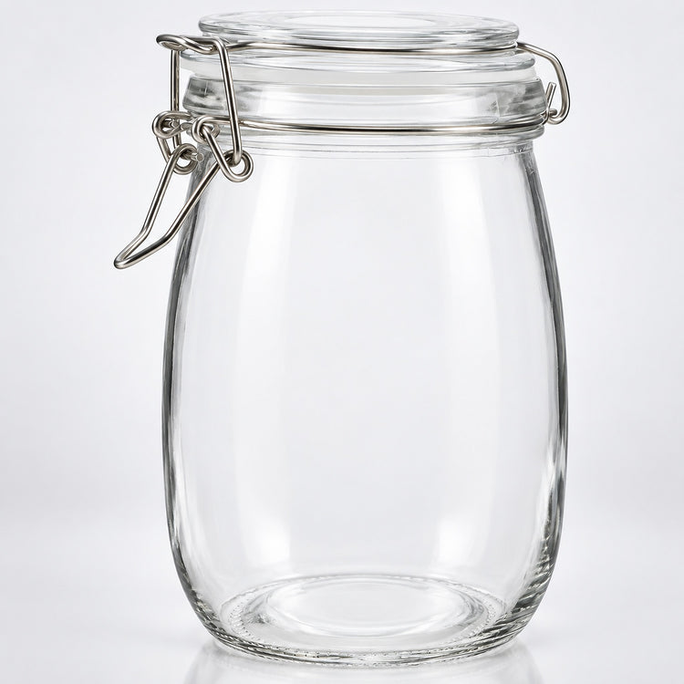 Clear glass jar with a metal clamp lid, shown on a clean white background.