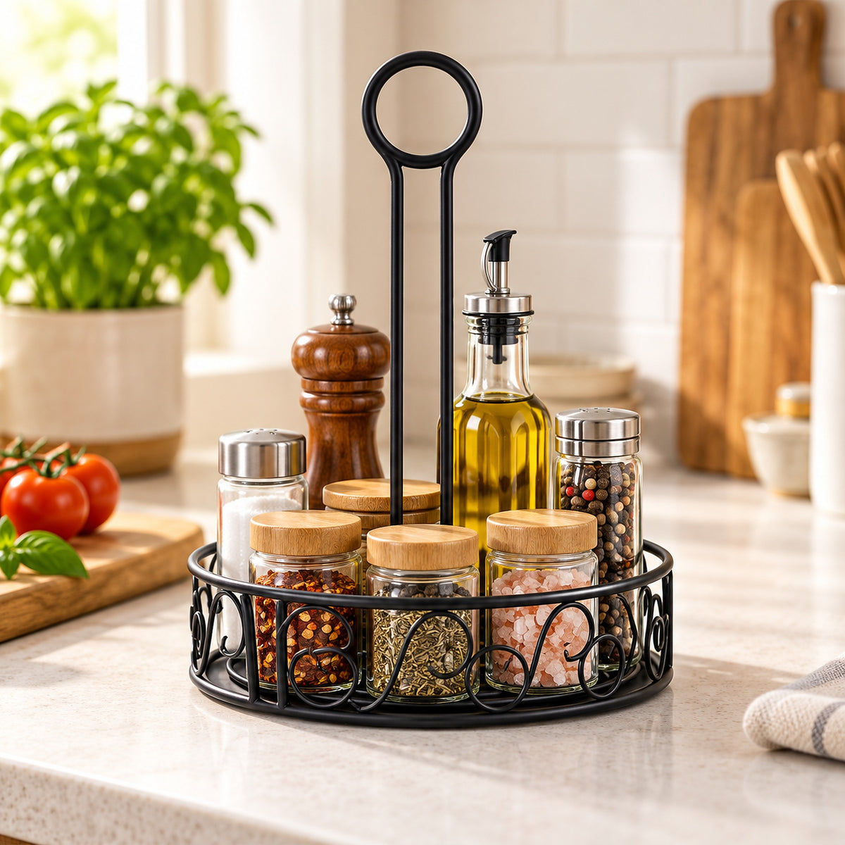 Round Iron Spice Rack Basket Handle Storage Organizer for Condiment Bottles Seasoning Jar Holder Kitchen Countertop Space Saving product image 4