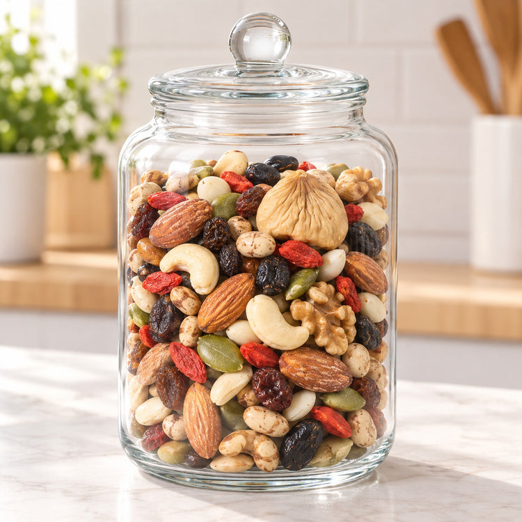 A clear glass jar with a matching lid filled with mixed nuts and dried fruit, set on a light marble countertop in a bright kitchen. The assortment includes almonds, cashews, walnuts, pumpkin seeds, raisins, and goji berries.