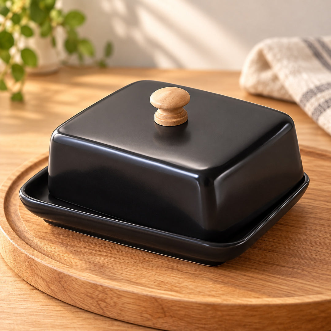 A glossy black ceramic butter dish with a matching square lid and a light wood knob, set on a round wooden tray in a softly lit kitchen setting.