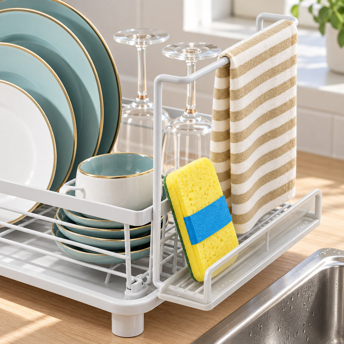 A white plastic and metal dish drying rack on a kitchen counter, holding stacked plates, a cup, wine glasses, a yellow sponge with a blue band, and a beige-and-white striped towel. A sink is visible in the foreground.