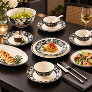 Ceramic Dinner Plate, Hand-Painted Black and White Floral Design, Vintage Ceramic Plates Style
