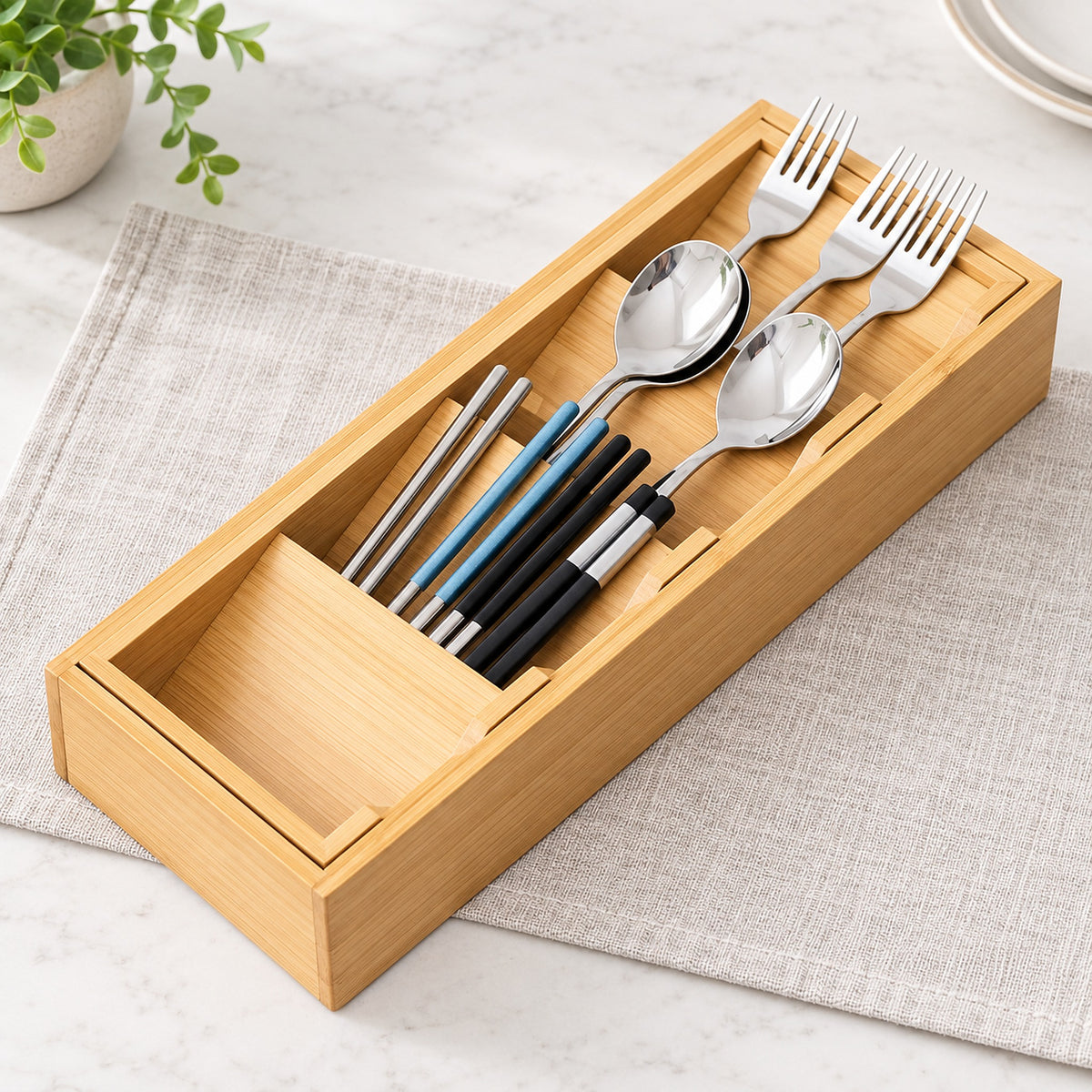 A bamboo cutlery organizer tray holding stainless steel spoons, forks, chopsticks, and a few blue chopsticks, placed on a light beige textured cloth on a white marble surface.