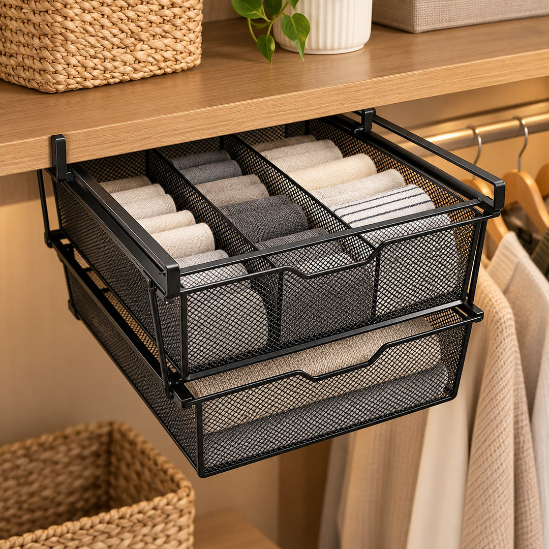 A black metal mesh drawer organizer with multiple compartments, shown pulled out from a wooden closet shelf. The organizer is holding folded neutral-colored garments or textiles, and the surrounding closet includes a wooden shelf, woven baskets, and hanging clothes.