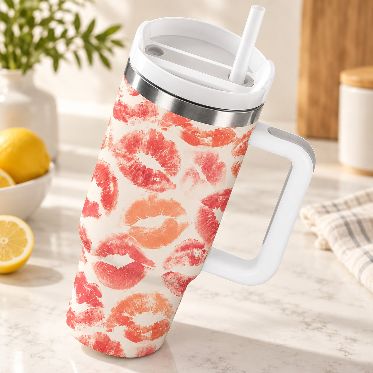 A handled travel tumbler with a white lid and straw, covered in a pink and orange lip print pattern, set on a marble countertop with lemons and a plant in the background.