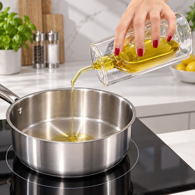 A hand with red nail polish pours golden olive oil from a clear glass bottle with a metal spout into a stainless steel saucepan on a black induction stovetop in a bright kitchen.