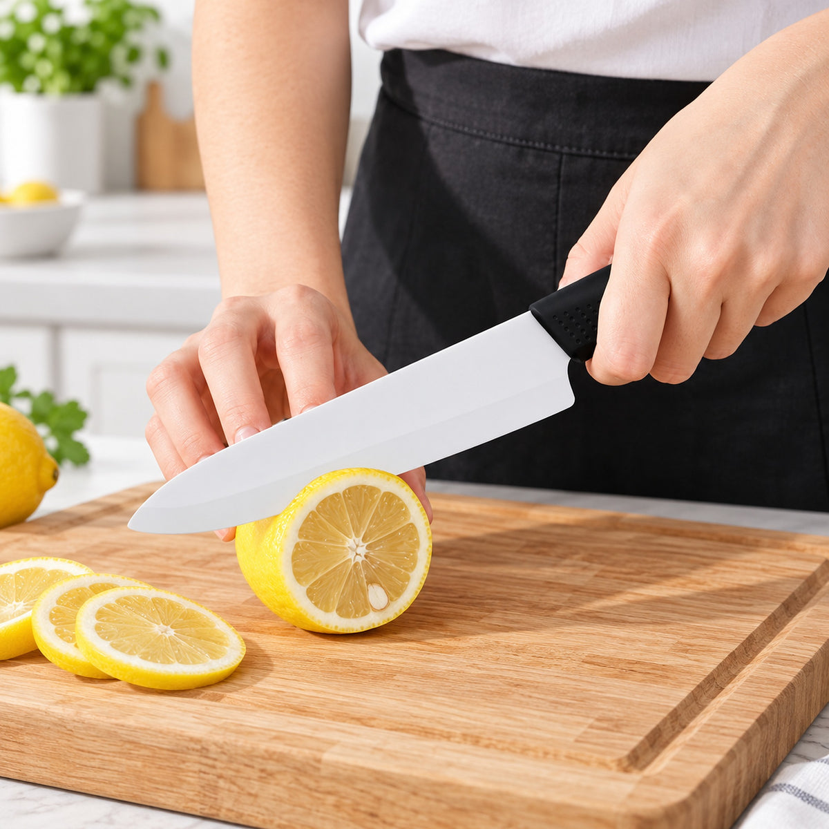 A person in a white shirt and black apron slices a lemon on a wooden cutting board with a large chef's knife. Sliced lemons and a whole lemon are visible on the board, with a softly blurred kitchen background.