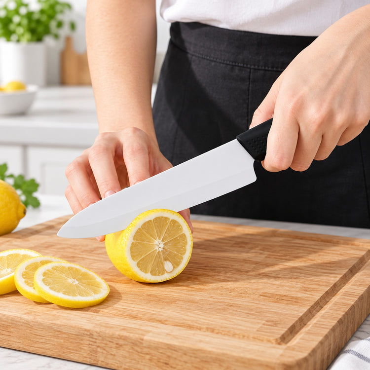 A person in a white shirt and black apron slices a lemon on a wooden cutting board with a large chef's knife. Sliced lemons and a whole lemon are visible on the board, with a softly blurred kitchen background.