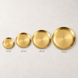 Four separately sold gold plate diameters shown side by side: 14, 20, 26 and 30 cm.