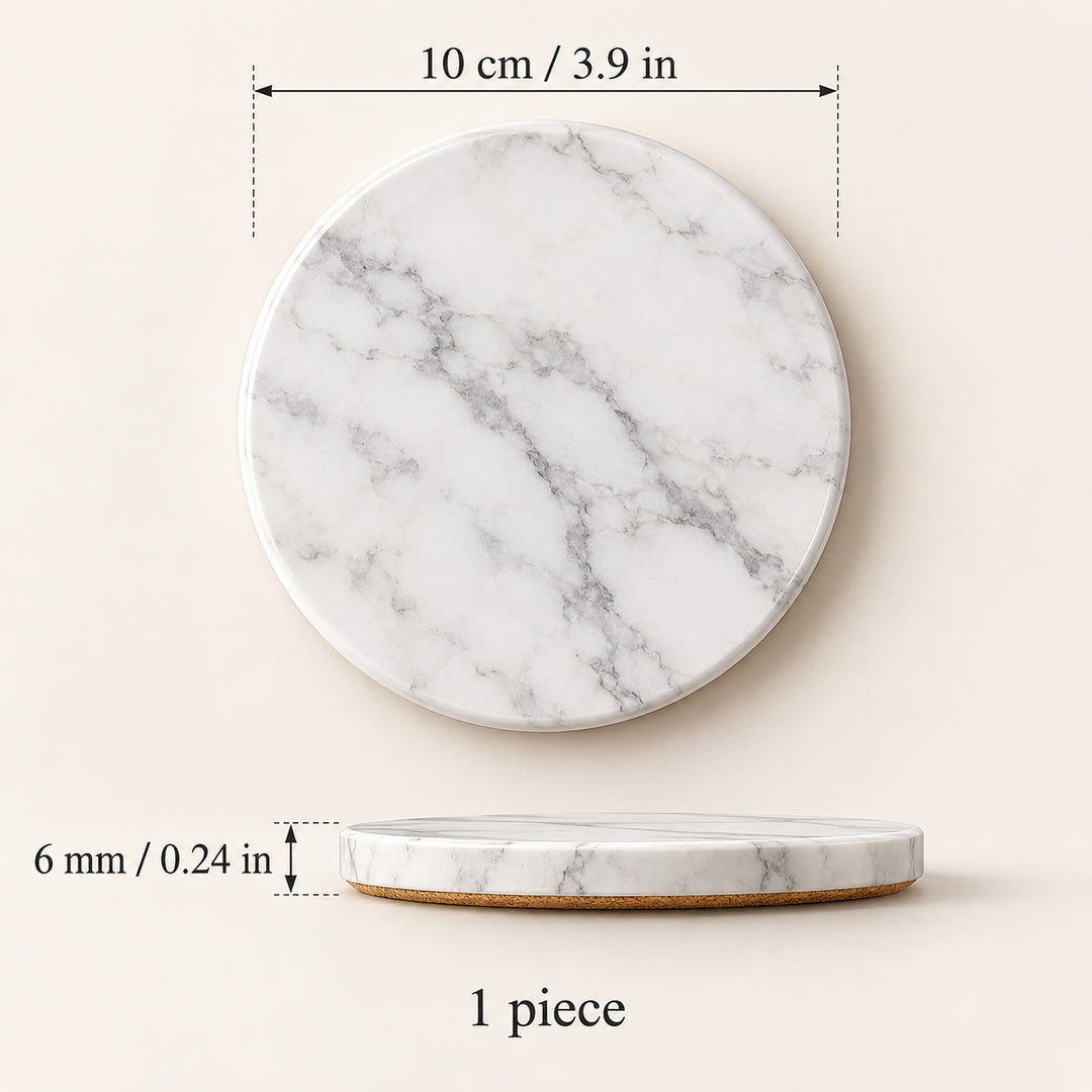 A round white marble coaster with gray veining, shown with dimension annotations indicating a diameter of 10 cm (3.9 in) and a thickness of 6 mm (0.