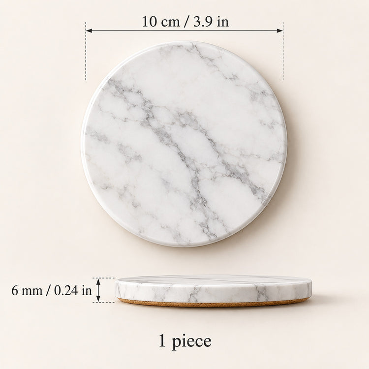 A round white marble coaster with gray veining, shown with dimension annotations indicating a diameter of 10 cm (3.9 in) and a thickness of 6 mm (0.