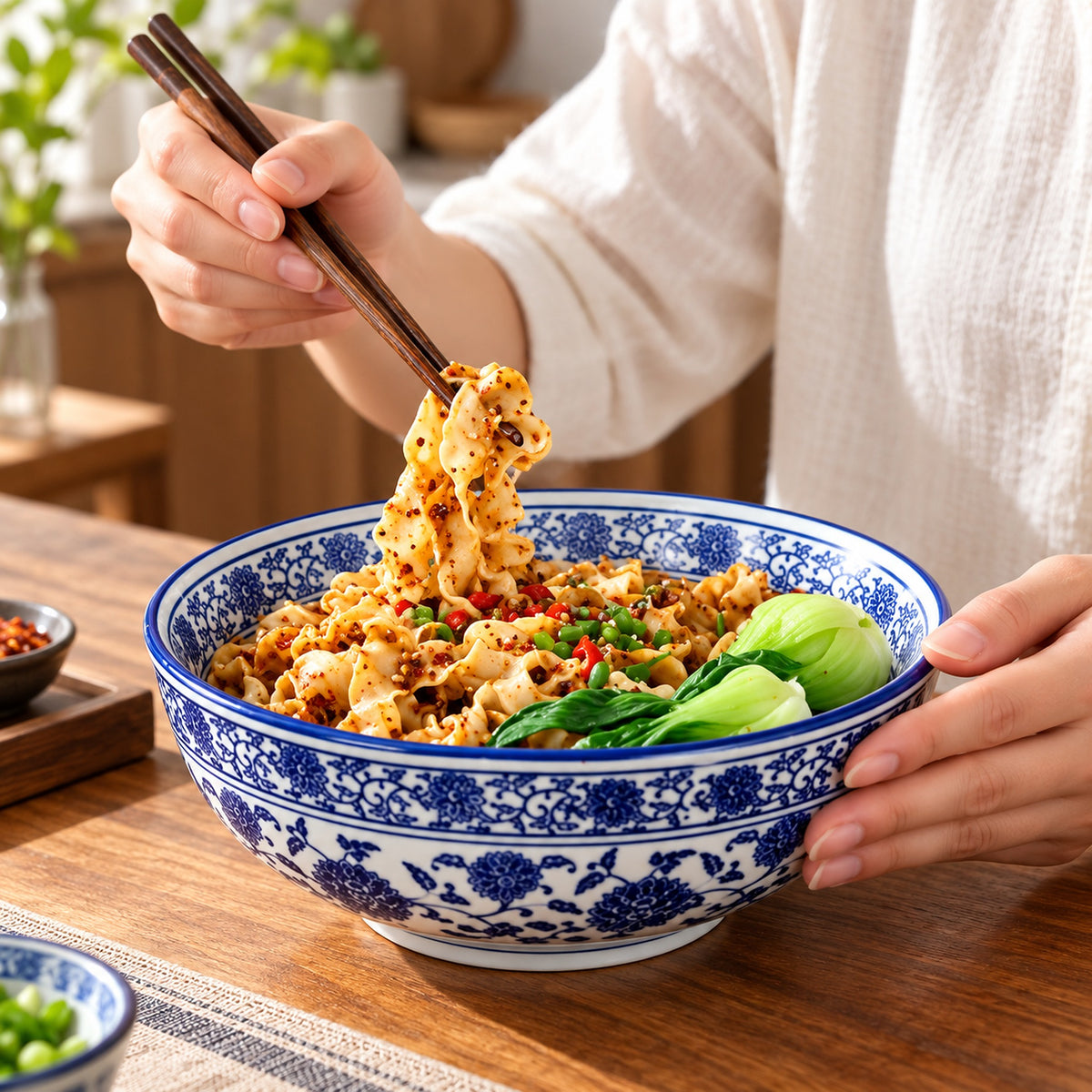 A person holding chopsticks over a blue-and-white patterned bowl of noodles with vegetables, seated at a wooden table.