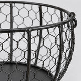 Close-up of the egg basket's black hexagonal wire mesh and reinforced rim.