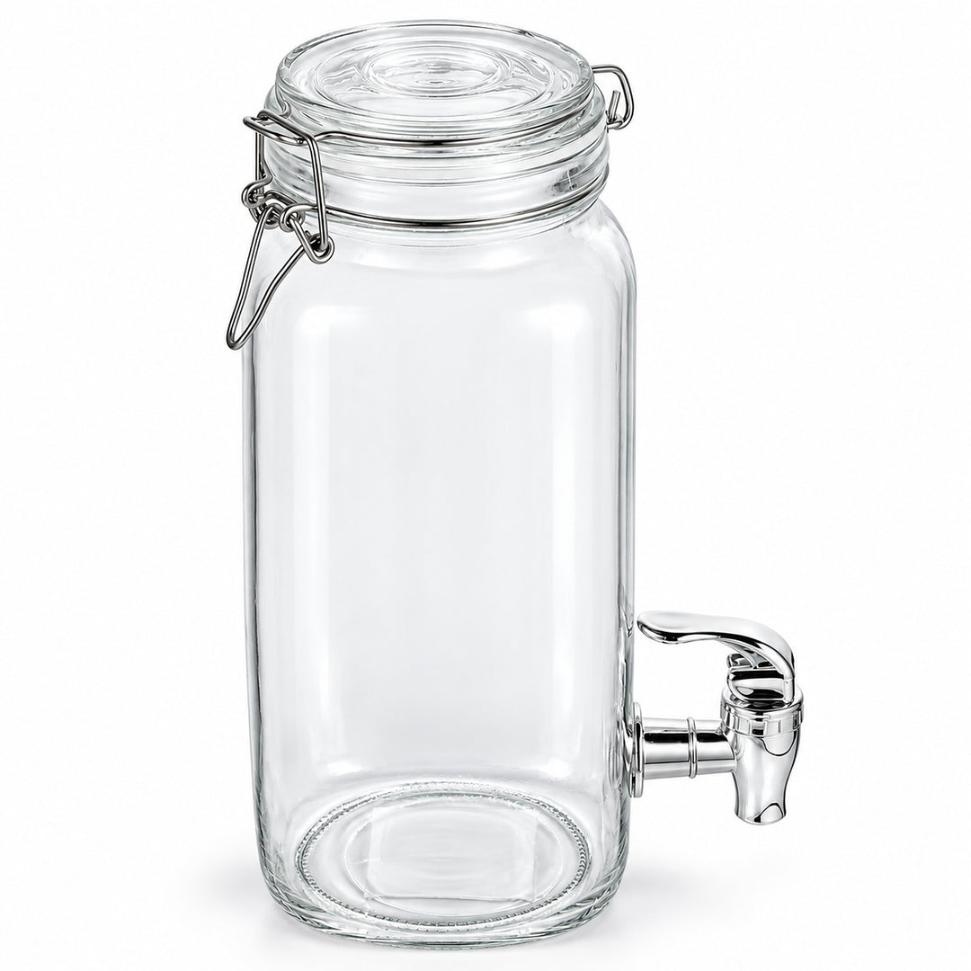 Clear glass beverage dispenser jar with a clamp-lid seal and a metal spout, shown on a white background.