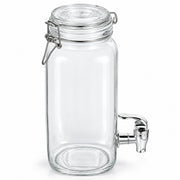 Clear glass beverage dispenser jar with a clamp-lid seal and a metal spout, shown on a white background.