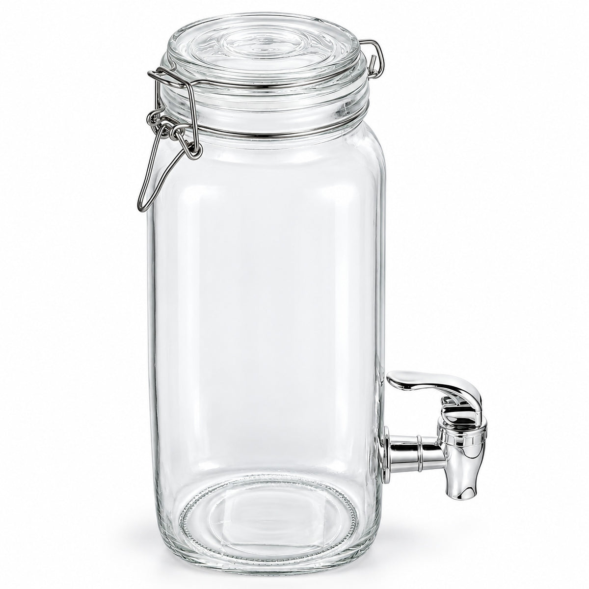 Clear glass beverage dispenser jar with a clamp-lid seal and a metal spout, shown on a white background.