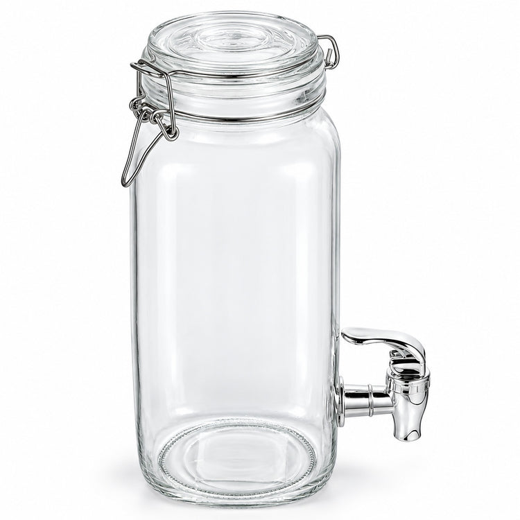 Clear glass beverage dispenser jar with a clamp-lid seal and a metal spout, shown on a white background.